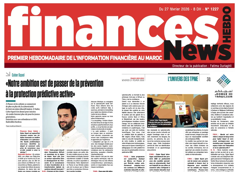 Cyber Sqool dans Finances News Hebdo : La Startup Marocaine qui Veut Transformer la Cybersécurité des Enfants en Réflexe